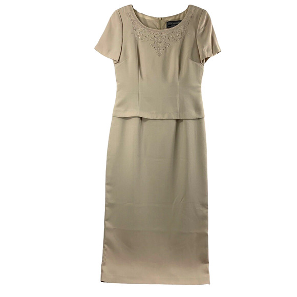 Jessica Howard Evening Dress Womens 10 Embroidered Taupe Maxi Wedding Event - Picture 1 of 9